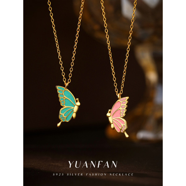 A40538 s925 sterling silver colorful glazed butterfly necklace