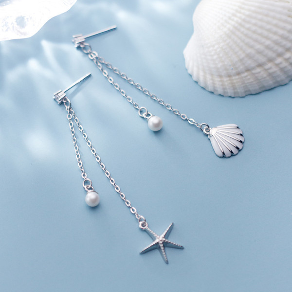 A43517 s925 silver shell unique starfish fringe earrings