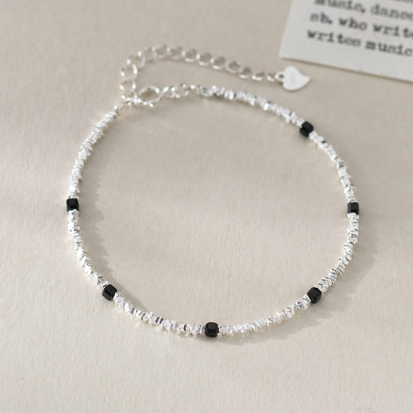 A46200 s925 silver sweet dainty natural black square charm bracelet