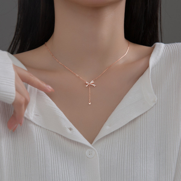 A36893 s925 sterling silver rhinestone bow pendant necklace