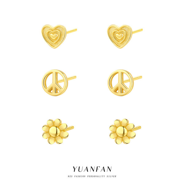 A43414 s925 sterling silver vintage heartshape gold metal geometric earrings