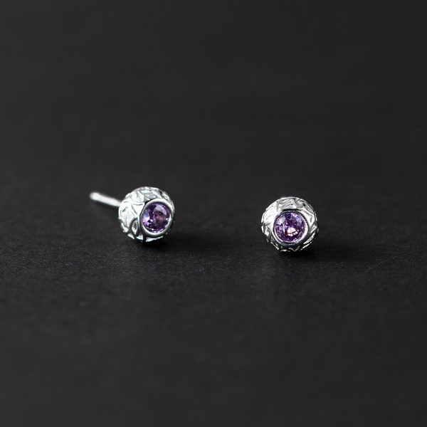A44785 s925 sterling silver ethnic dainty vintage purple rhinestone ball stud earrings