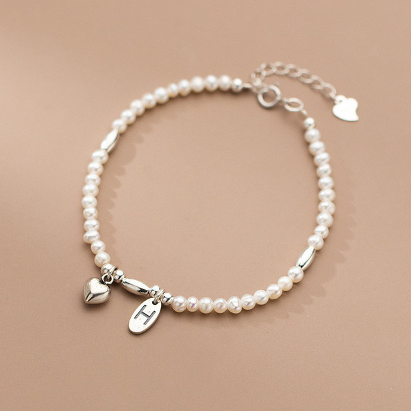 A34208 s925 sterling silver heart initial pearl charm bracelet