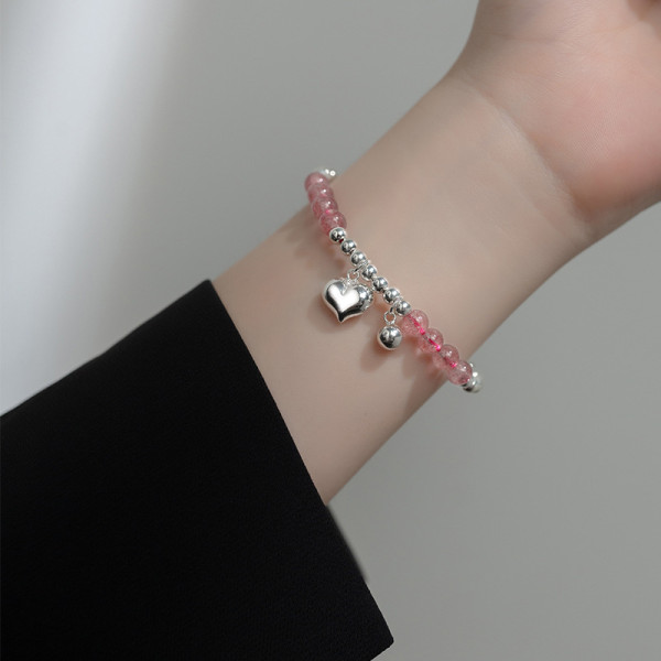 A34988 s925 sterling silver strawberry heart pendant charm bracelet