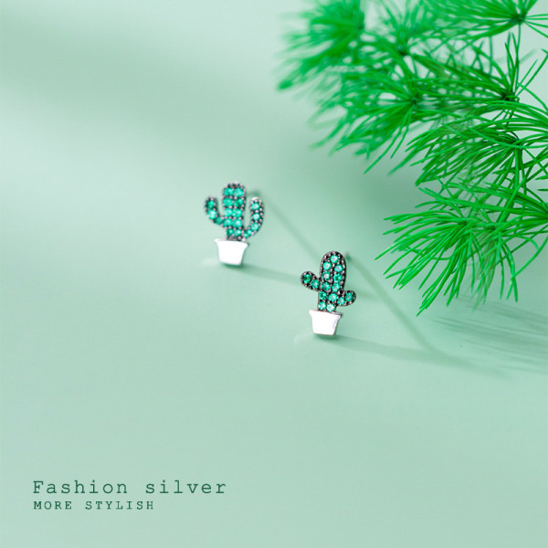 A36372 s925 sterling silver trendy rhinestone cactus earrings