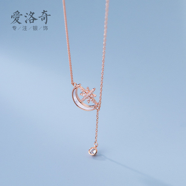 A33054 s925 sterling silver simple shell moon sparkling necklace