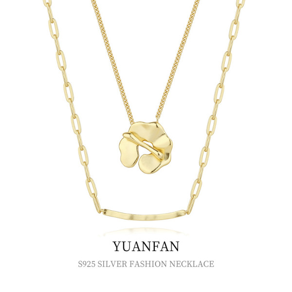 A35322 925 sterling silver irregular floral doublelayer necklace