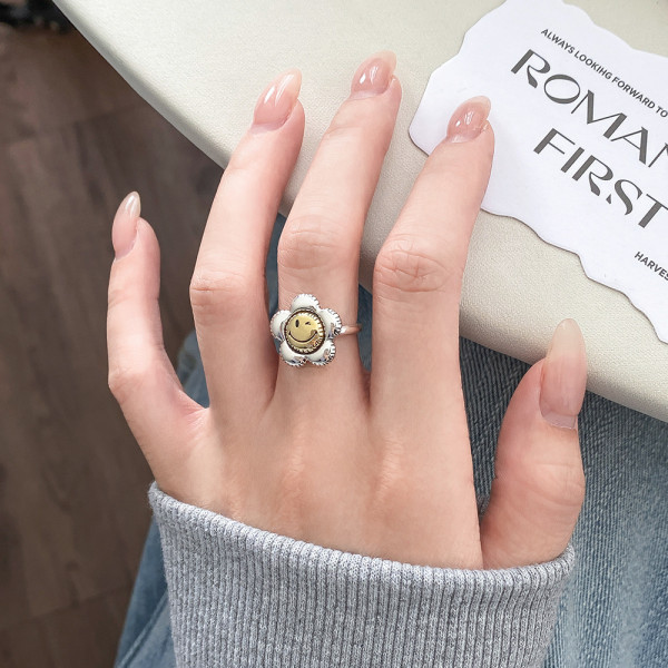 A46118 s925 sterling silver dainty simple thai smilingface sun flower ring