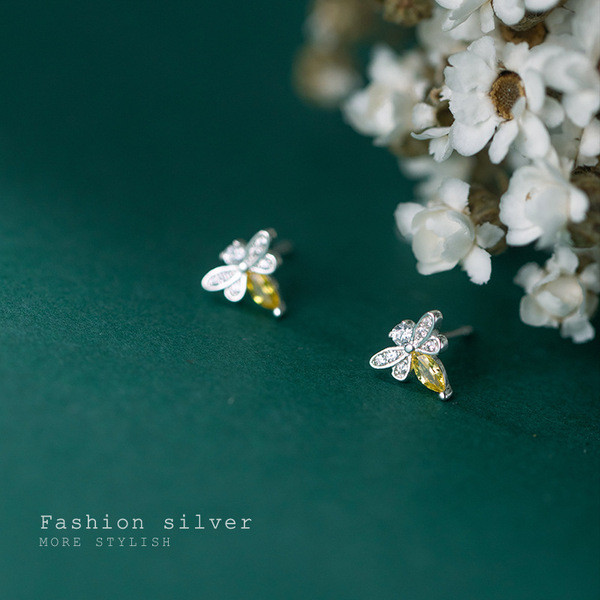 A33155 s925 sterling silver trendy yellow rhinestone bee earrings