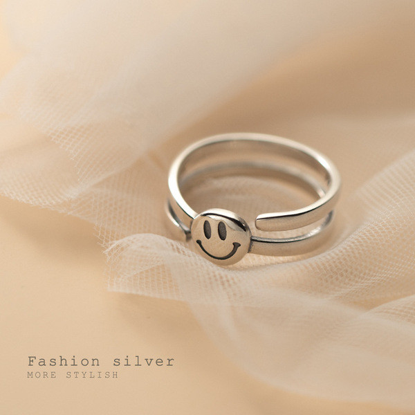 A32183 s925 sterling silver unique silver doublelayer smilingface expression ring