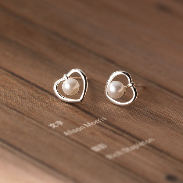 A37942 s925 sterling silver artificial pearl heart stud trendy design earrings