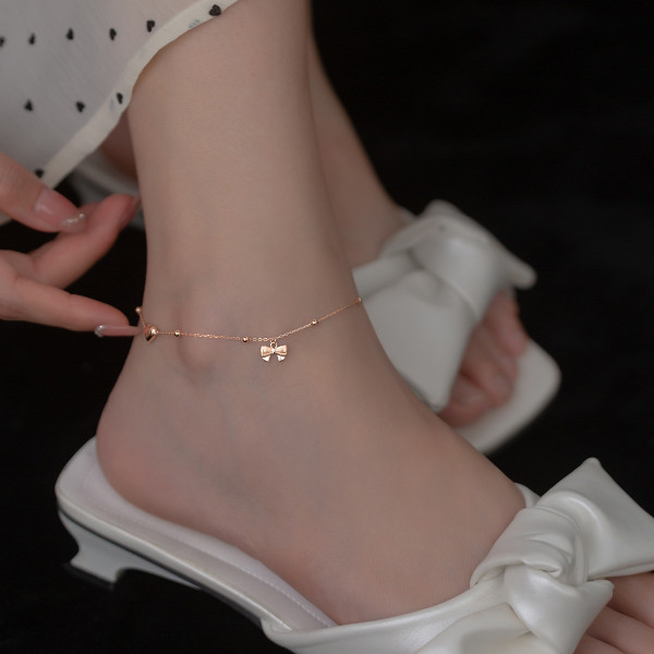 A36953 s925 sterling silver trendy heart bow anklet simple bracelet