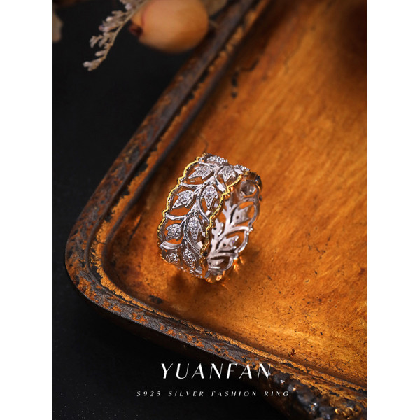 A39779 sterling silver design hollowed tree leaf unique vintage grade cubic zirconia ring