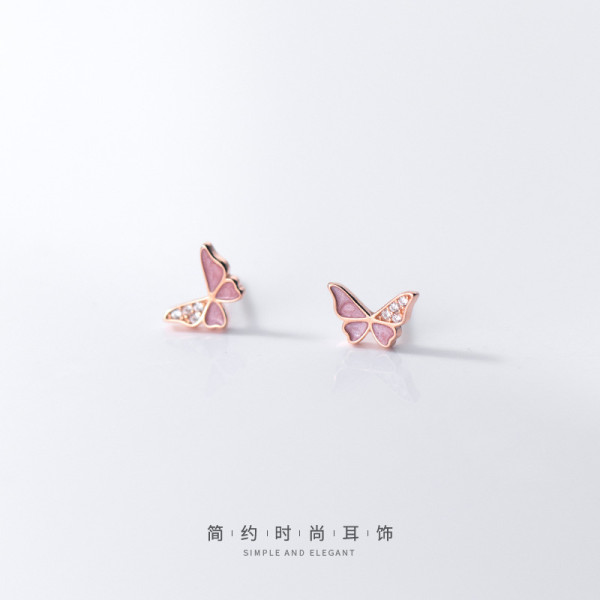 A36850 s925 sterling silver trendy cute sweet pink rhinestone butterfly insec earrings