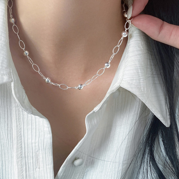 A46395 s925 silver simple oval circle necklace