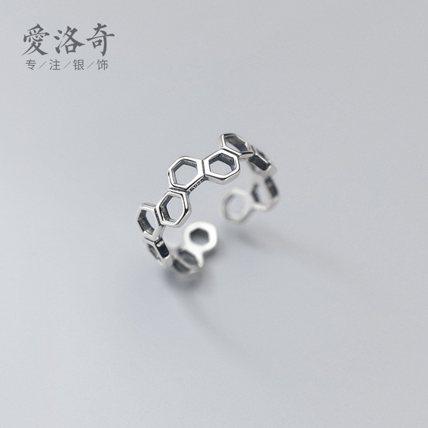 A32144 s925 sterling silver silver hexagon hollowed geometric chic adjustable ring
