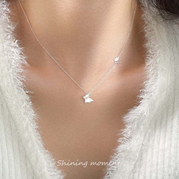 A44517 s925 silver trendy sweet unique matte finish double layered butterfly necklace