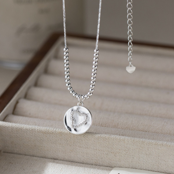 A46168 s925 silver dainty simple rhinestone heart necklace