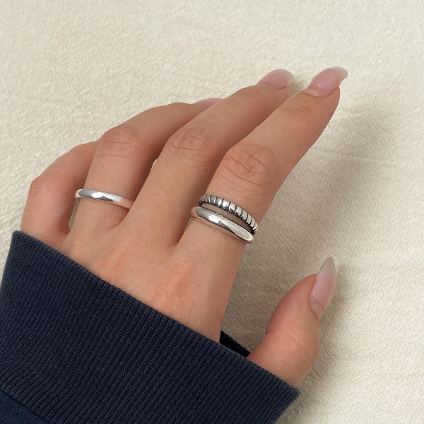 A42845 s925 silver simple geometric double layer thick twist ring
