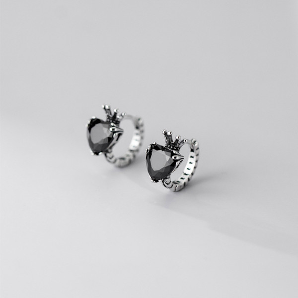 A35959 s925 sterling silver silver vintage black cubiczirconia heart crown earrings