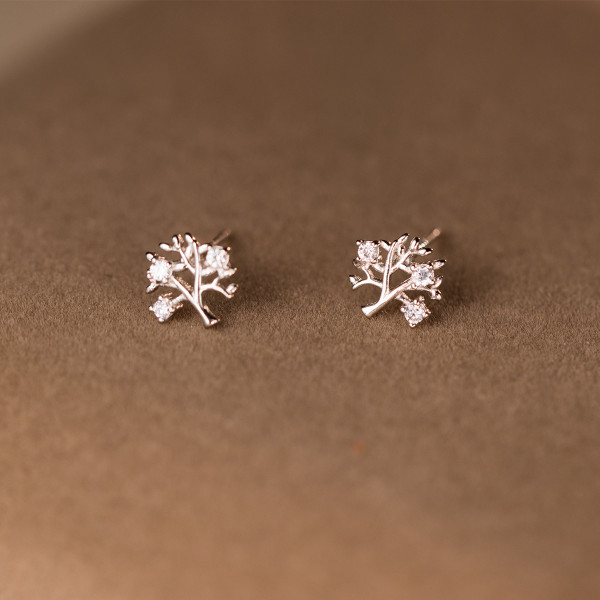 A44968 s925 sterling silver dainty simple cute tree rhinestone stud earrings