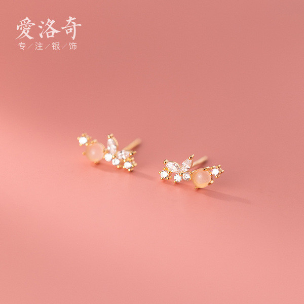 A33233 s925 sterling silver trendy rhinestone pink butterfly earrings