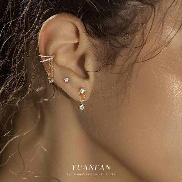 A44576 s925 sterling silver cubic zirconia fashion stud double layered dainty earrings