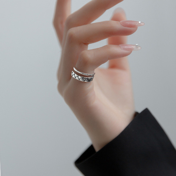 A34352 s925 sterling silver vintage cute braided silver doublelayer ring