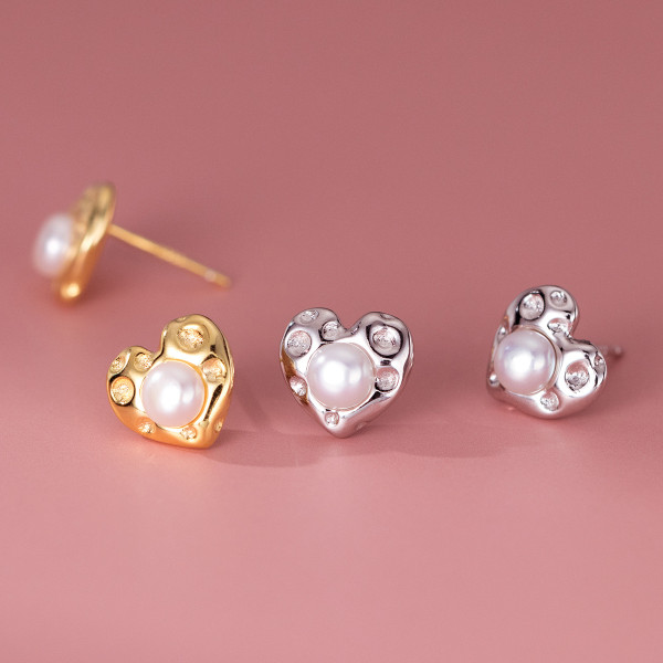 A41801 s925 sterling silver simple pearl heart stud cute dainty elegant unique earrings