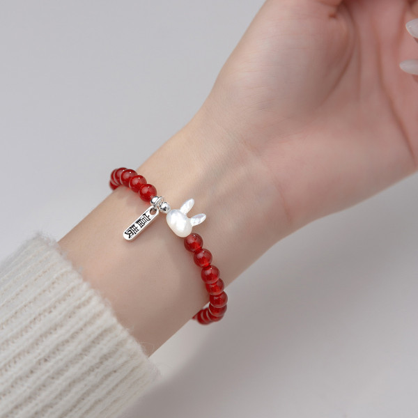 A37431 s925 sterling silver shell rabbit agate charm vintage design bracelet