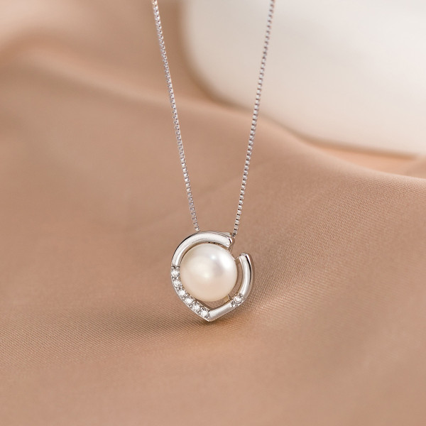 A43580 s925 sterling silver unique rhinestone heartshape pearl necklace