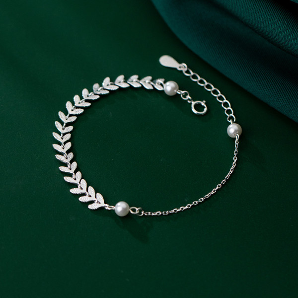 A34987 s925 sterling silver leaf charm bracelet