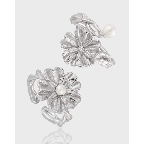 A39844 elegant grade s925 sterling silver pearl flower adjustable ring