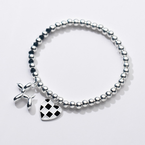 A34939 s925 sterling silver black white heart charm bracelet