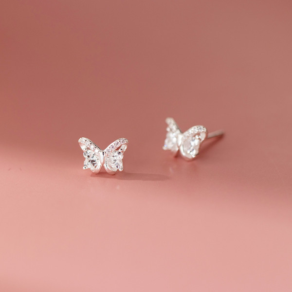 A44132 s925 sterling silver trendy sweet heart rhinestone butterfly stud earrings