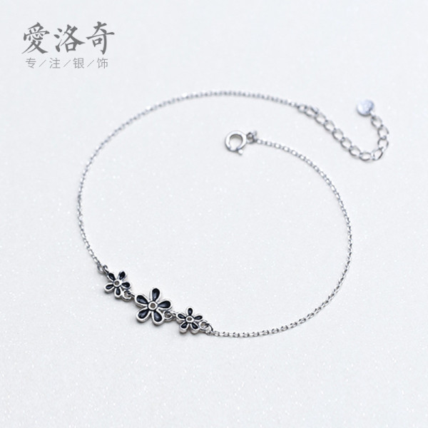 A40571 s925 silver anklet trendy black flower elegant