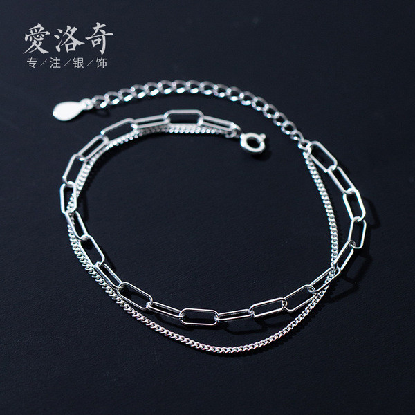 A33371 s925 sterling silver simple doublelayer geometric square charm bracelet