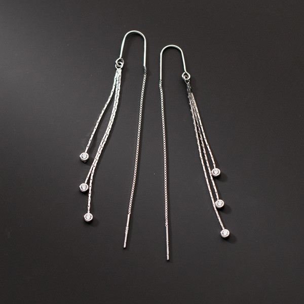 A37849 s925 sterling silver rhinestone long fringe string grade elegant stud earrings