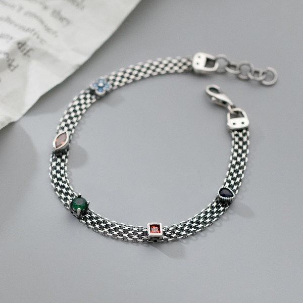 A38123 s925 sterling silver rhinestone geometric wide charm bracelet