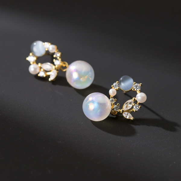 A40683 s925 sterling silver artificial pearl stud rhinestone earrings
