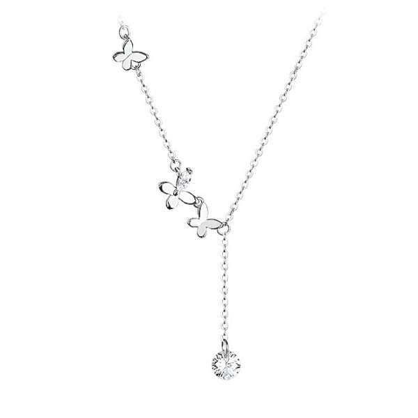 A42211 s925 silver rhinestone butterfly fringe simple elegant flower design necklace