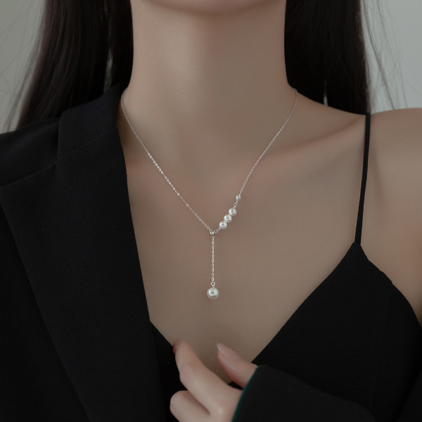 A35273 s925 sterling silver chicY pearl tassel necklace