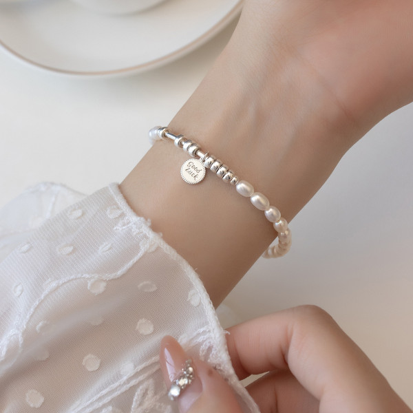 A40092 s925 sterling silver pearl initial charm vintage design elegant bracelet
