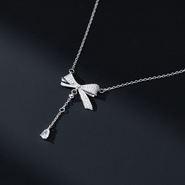 A41120 s925 sterling silver rhinestone butterfly fringe teardrop sweet necklace