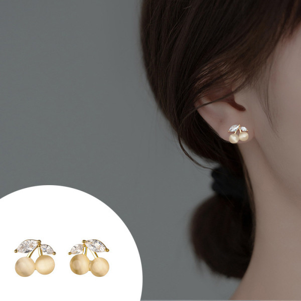 A40581 s925 silver stud artificial cateye sweet elegant rhinestone earrings