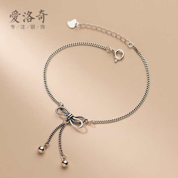 A30236 s925 sterling silver sweet silver bow tassel bracelet