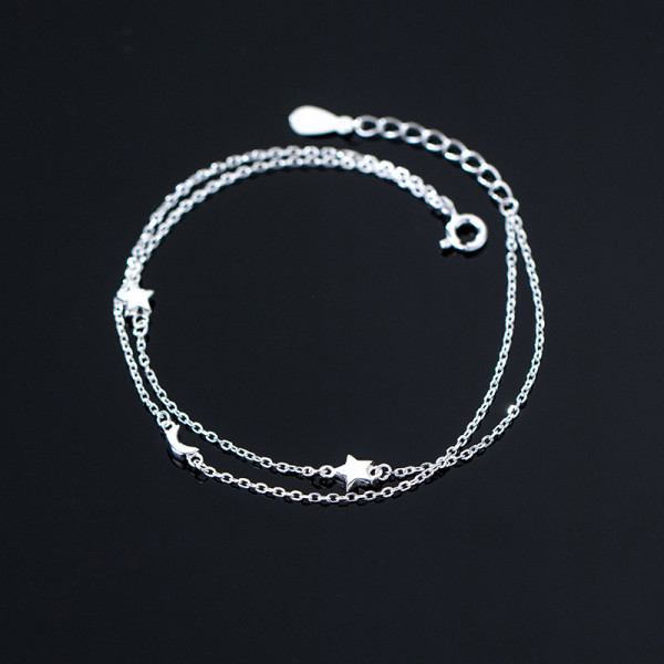 A34993 s925 sterling silver doublelayer star moon charm bracelet