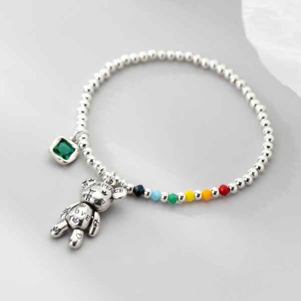 A34986 s925 sterling silver thai silver initial bear green rhinestone charm bracelet