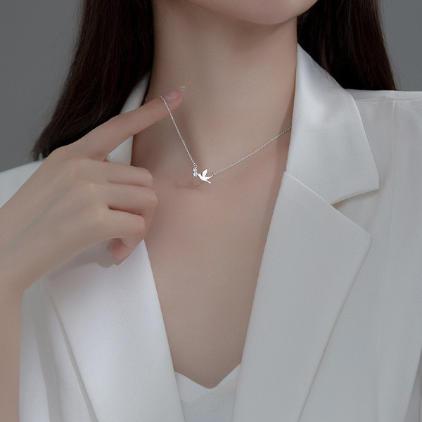A34598 s925 sterling silver fashion rhinestone bird set chic short necklace