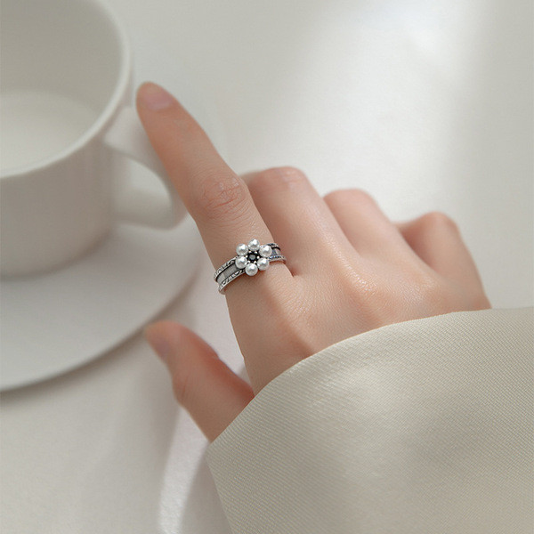 A32116 s925 sterling silver vintage pearl silver black rhinestoneins ring
